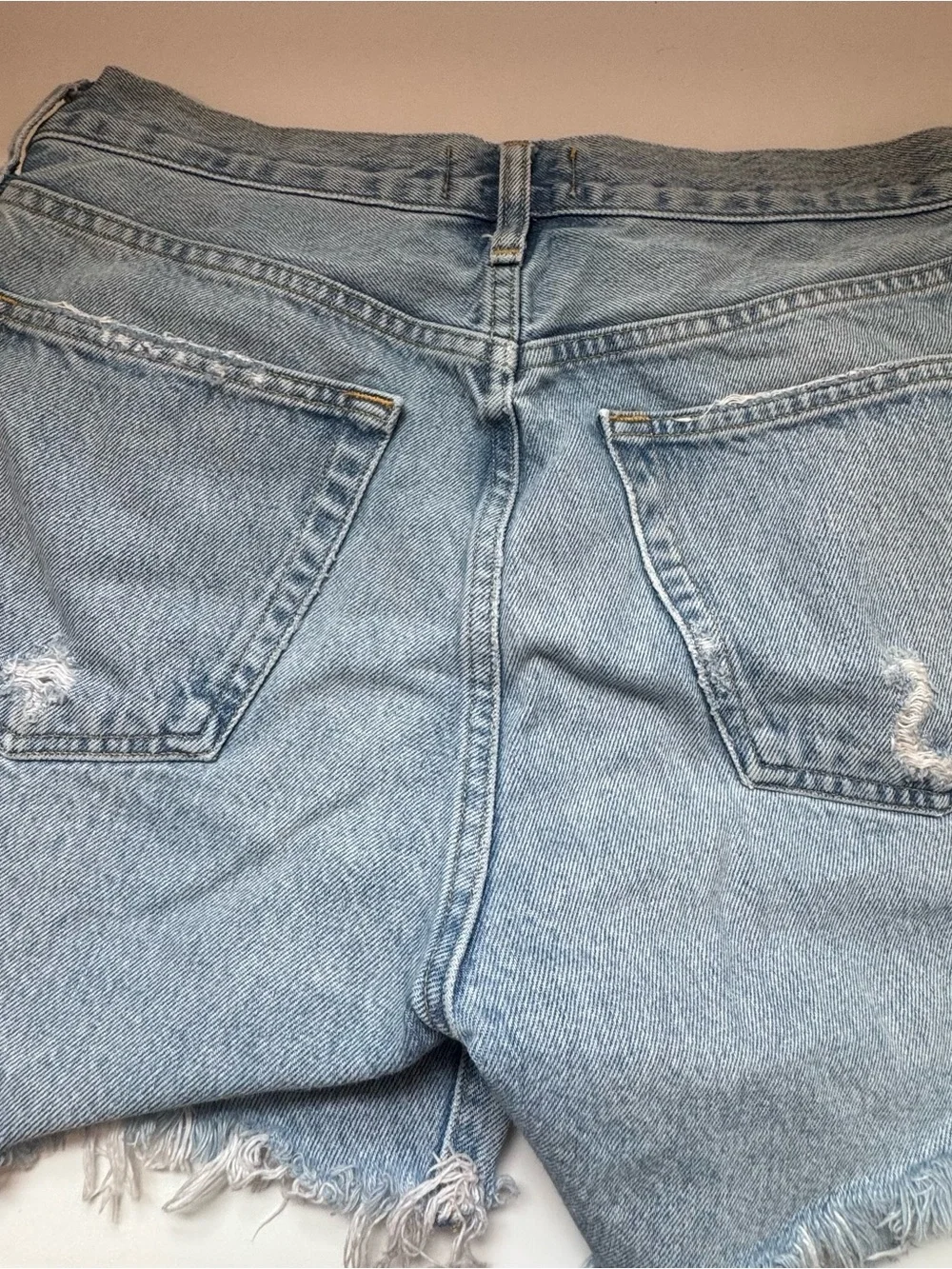Agolde Light Blue Distressed High-Rise Denim Shorts- Parker Long